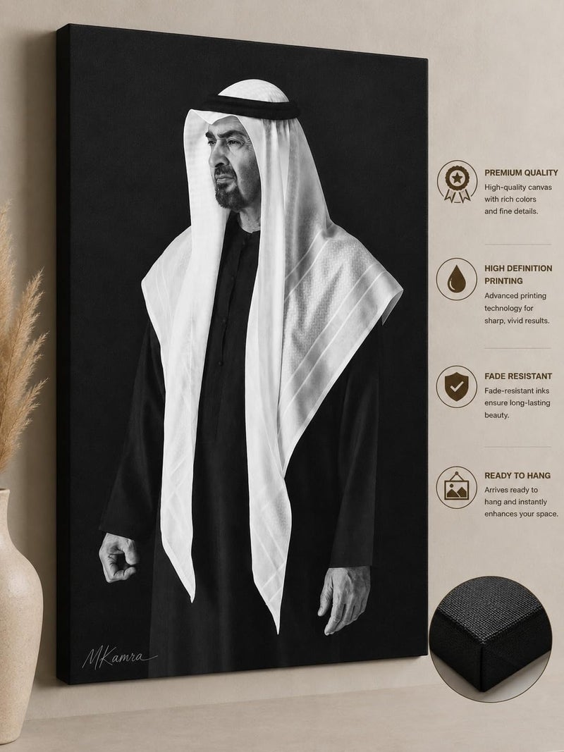 ARS Graphics ARS® Sheikh Mohamed bin Zayed Canvas Wall Art 70 X 120 CM - Black and White Minimalist Artwork - Image 3