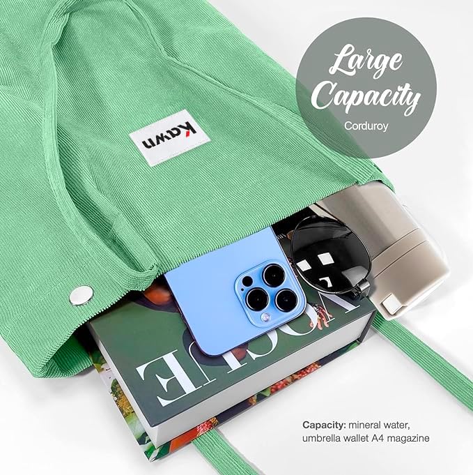 Kawn Women Corduroy Shoulder Tote Bag Canvas Shoulder Cord Purse Reusable Shopping Bag Grocery Bag Large Capacity Washable Handbag Shoulder Bag With Inner Pocket For Daily Use (Sea Green) - Image 3