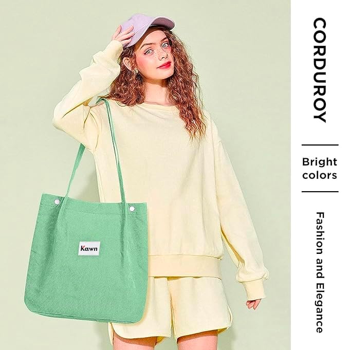 Kawn Women Corduroy Shoulder Tote Bag Canvas Shoulder Cord Purse Reusable Shopping Bag Grocery Bag Large Capacity Washable Handbag Shoulder Bag With Inner Pocket For Daily Use (Sea Green) - Image 5