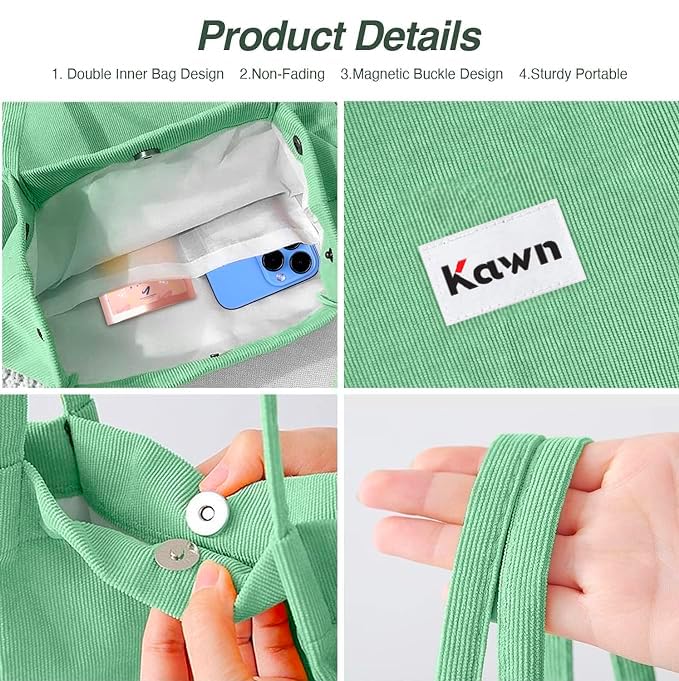 Kawn Women Corduroy Shoulder Tote Bag Canvas Shoulder Cord Purse Reusable Shopping Bag Grocery Bag Large Capacity Washable Handbag Shoulder Bag With Inner Pocket For Daily Use (Sea Green) - Image 2