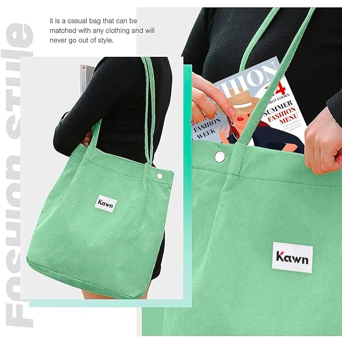 Kawn Women Corduroy Shoulder Tote Bag Canvas Shoulder Cord Purse Reusable Shopping Bag Grocery Bag Large Capacity Washable Handbag Shoulder Bag With Inner Pocket For Daily Use (Sea Green) - Image 4