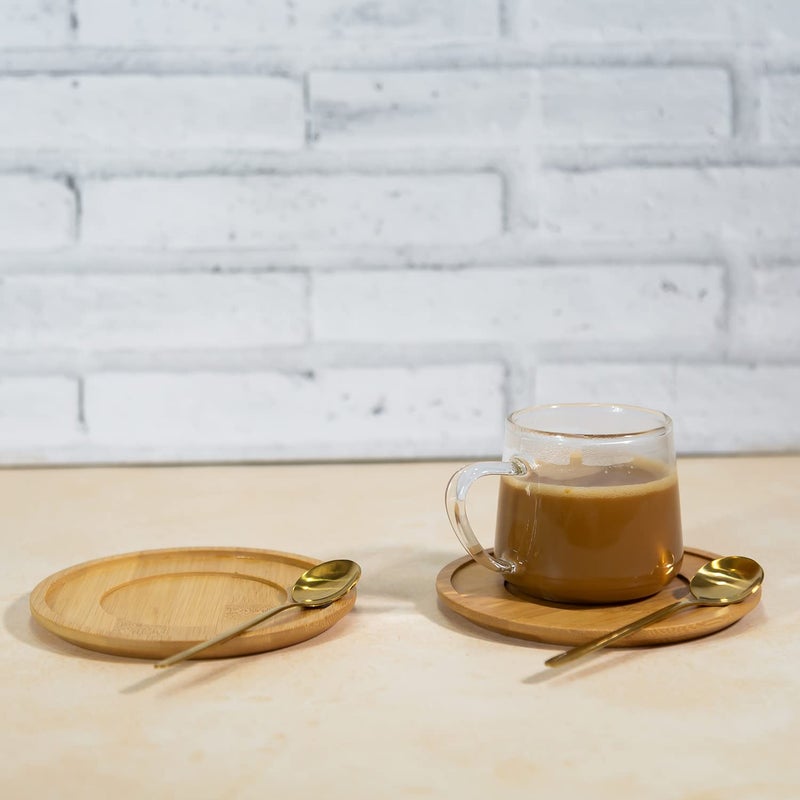 EZ Life Borosilicate Cone Mug with Wooden Tray Classy Golden Spoon Set Pack of 2 - Image 2