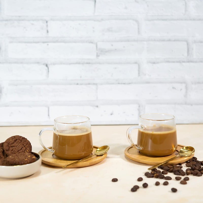 EZ Life Borosilicate Cone Mug with Wooden Tray Classy Golden Spoon Set Pack of 2 - Image 5