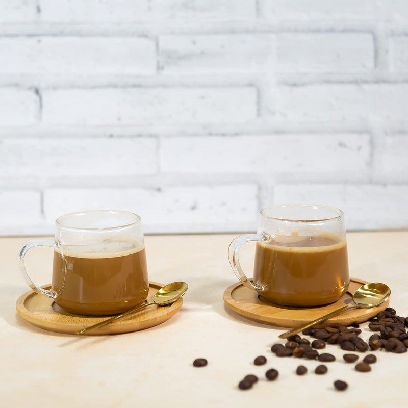 EZ Life Borosilicate Cone Mug with Wooden Tray Classy Golden Spoon Set Pack of 2 - Image 4