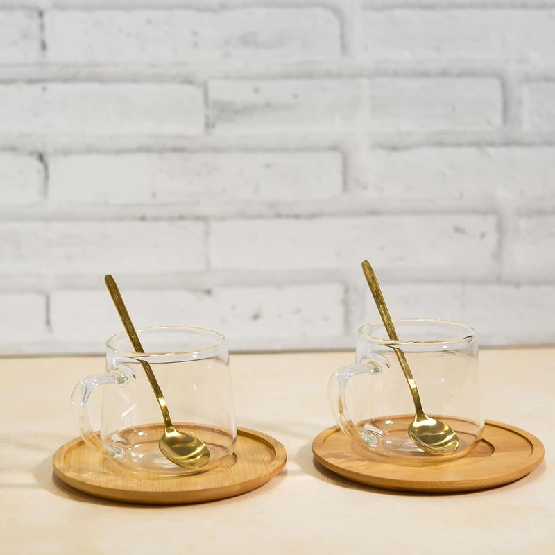EZ Life Borosilicate Cone Mug with Wooden Tray Classy Golden Spoon Set Pack of 2 - Image 3