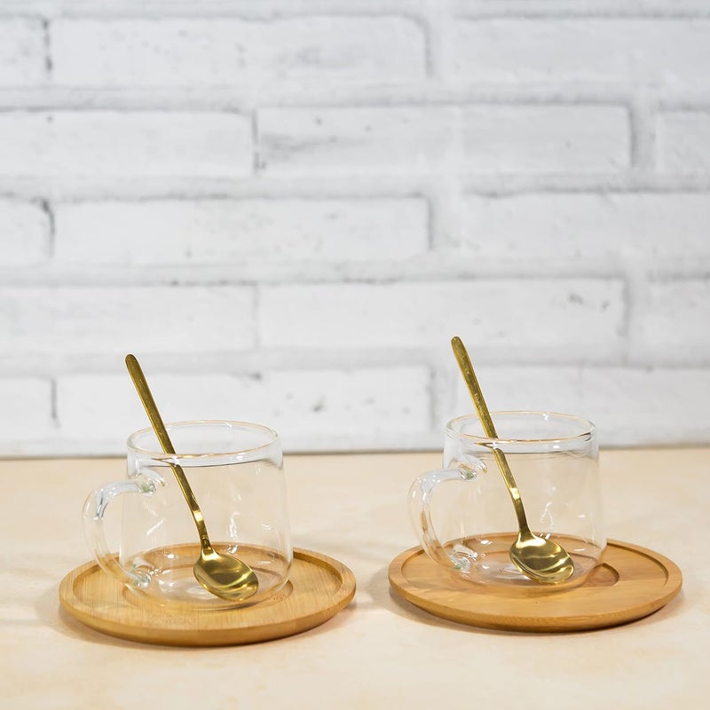 EZ Life Borosilicate Cone Mug with Wooden Tray Classy Golden Spoon Set Pack of 2 - Image 1
