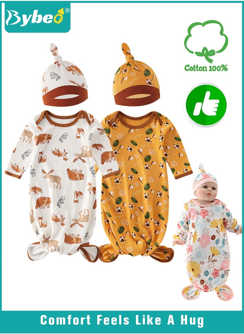 Bybeo 2PCS Newborn Knotted Gown with Hat Set, Newborn Nightgowns, Baby Swaddle Blanket, Newborn Wrap Cap Set, Infant Adjustable Sleep Sack, 100% Cotton Breathable and Skin-Friendly for 0-4 Months  - Image 1