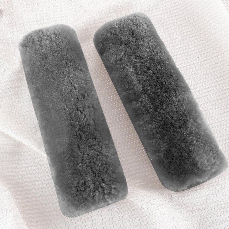 Amooca Authentic Sheepskin Seatbelt Cover Real Wool Car Truck Suv Airplane Seat Belt Shoulder Pad For Carmera Backpack Straps Neck Cushion Protector 2 Pack Dark Grey - Image 2