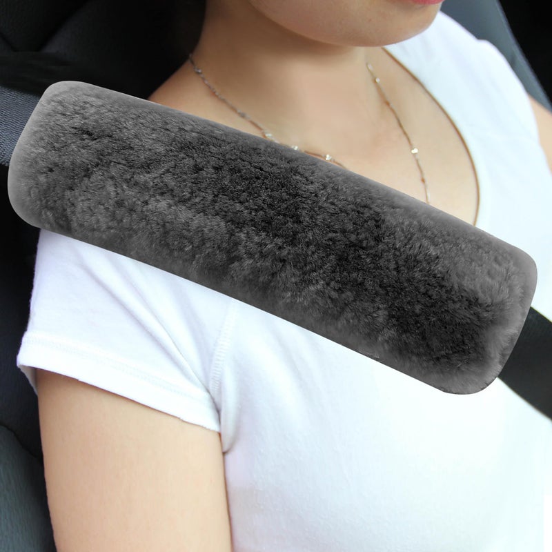 Amooca Authentic Sheepskin Seatbelt Cover Real Wool Car Truck Suv Airplane Seat Belt Shoulder Pad For Carmera Backpack Straps Neck Cushion Protector 2 Pack Dark Grey - Image 1