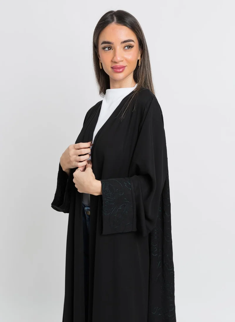 Kaafmeem Black Tangled Leafs A-Cut Abaya