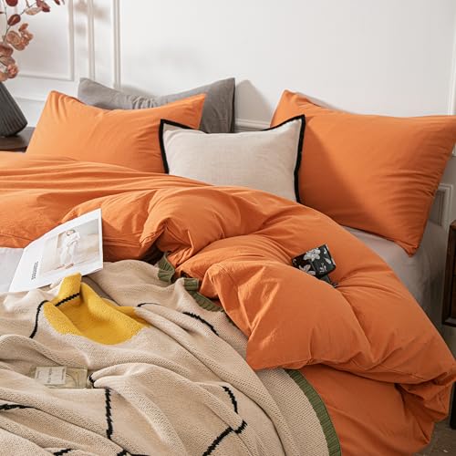 Janlive Washed Cotton Duvet Cover Set Linen Feel Textured Ultra Soft 100% Cotton Solid Color Orange Duvet Cover Set with Zipper Closure -3 Pieces Orange King - Image 3