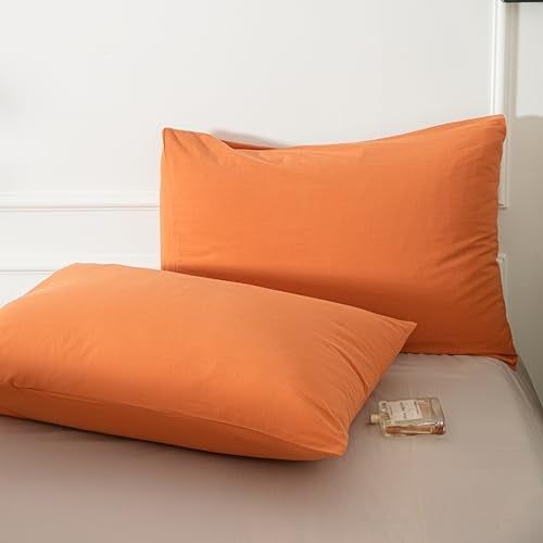 Janlive Washed Cotton Duvet Cover Set Linen Feel Textured Ultra Soft 100% Cotton Solid Color Orange Duvet Cover Set with Zipper Closure -3 Pieces Orange King - Image 5