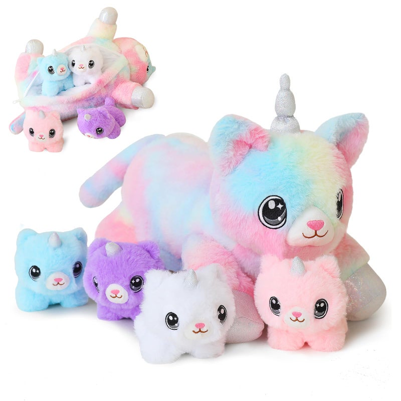 SQEQE Unicorn Cat Plush Mommy Cat Unicorn with 4 Cute Baby Kittens - Plushies Birthday Gifts for Boys and Girls - Image 1