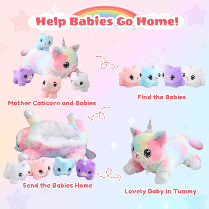 SQEQE Unicorn Cat Plush Mommy Cat Unicorn with 4 Cute Baby Kittens - Plushies Birthday Gifts for Boys and Girls - Image 4