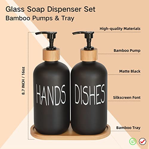 DIDROOM Glass Soap Dispenser Set. Hand and Dish with Bamboo Tray. Vintage Pump for Kitchen Sink Bathroom. Stylish Permanent Labels (Matte Black) - Image 2