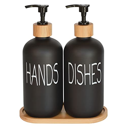 DIDROOM Glass Soap Dispenser Set. Hand and Dish with Bamboo Tray. Vintage Pump for Kitchen Sink Bathroom. Stylish Permanent Labels (Matte Black) - Image 1