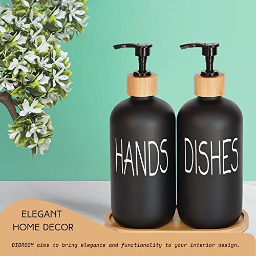 DIDROOM Glass Soap Dispenser Set. Hand and Dish with Bamboo Tray. Vintage Pump for Kitchen Sink Bathroom. Stylish Permanent Labels (Matte Black) - Image 5