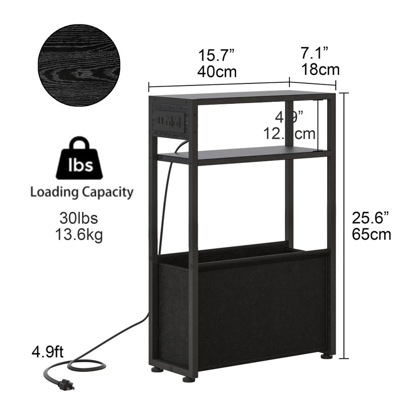 Leomonio Black Side Table with Charging Station, Slim End Tables with Fabric Basket, Skinny Table for Small Spaces, Thin Bedside Table for Living Room, Bedroom - Image 2