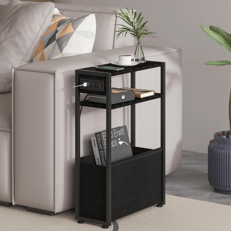 Leomonio Black Side Table with Charging Station, Slim End Tables with Fabric Basket, Skinny Table for Small Spaces, Thin Bedside Table for Living Room, Bedroom - Image 1