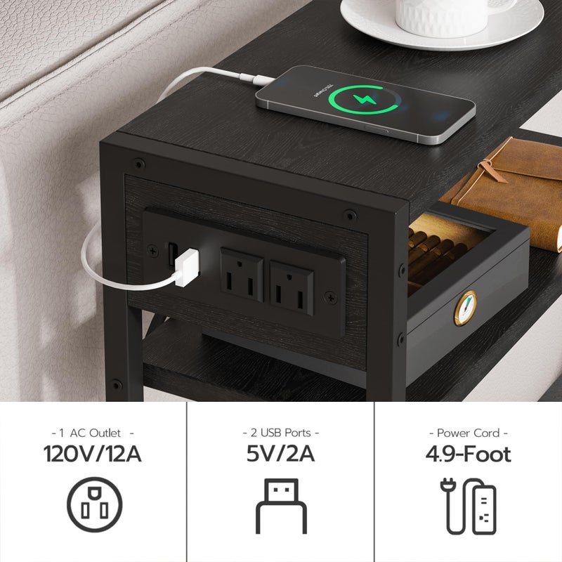 Leomonio Black Side Table with Charging Station, Slim End Tables with Fabric Basket, Skinny Table for Small Spaces, Thin Bedside Table for Living Room, Bedroom - Image 5