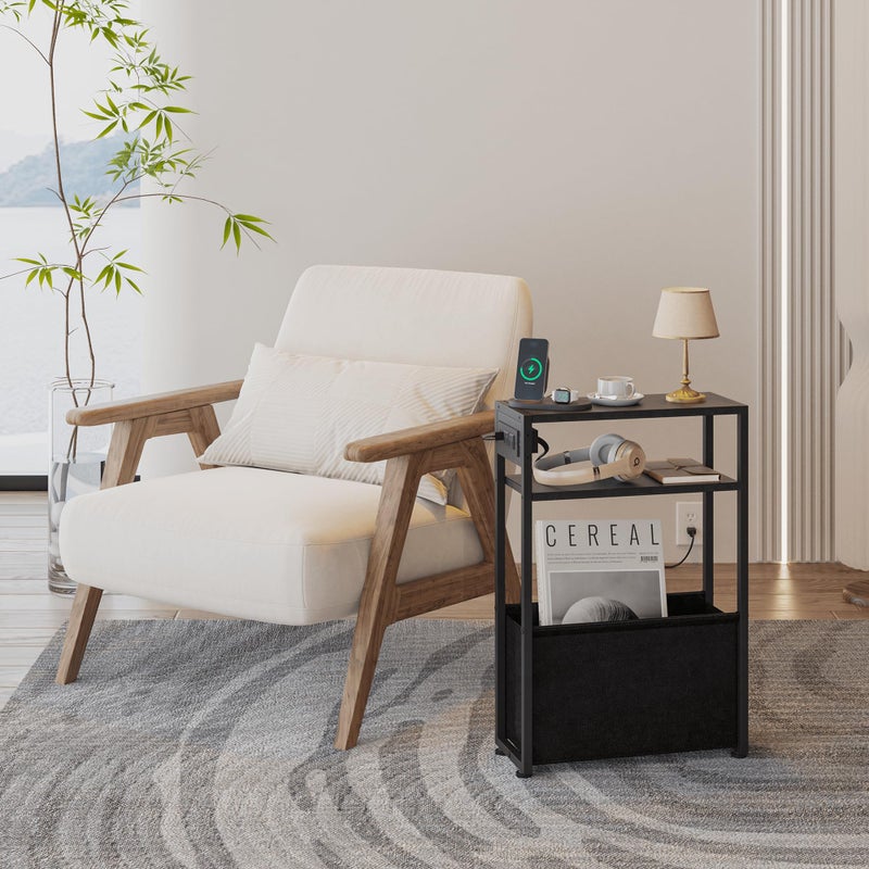 Leomonio Black Side Table with Charging Station, Slim End Tables with Fabric Basket, Skinny Table for Small Spaces, Thin Bedside Table for Living Room, Bedroom - Image 3