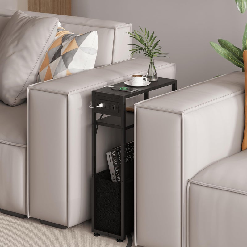 Leomonio Black Side Table with Charging Station, Slim End Tables with Fabric Basket, Skinny Table for Small Spaces, Thin Bedside Table for Living Room, Bedroom - Image 4