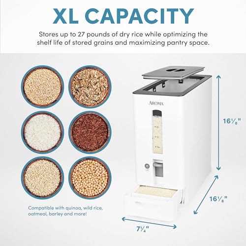 Aroma Housewares 27lbs Large Rice Dispenser, 7.25 x 16.5 x 16.5 inches, White - Image 3