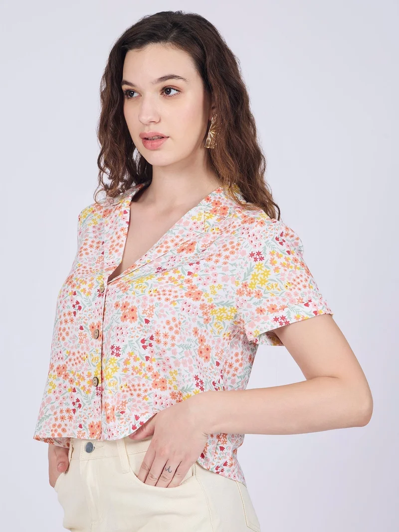 Outzidr  White Notch Collar Cropped Shirt for Women | Best Price UAE