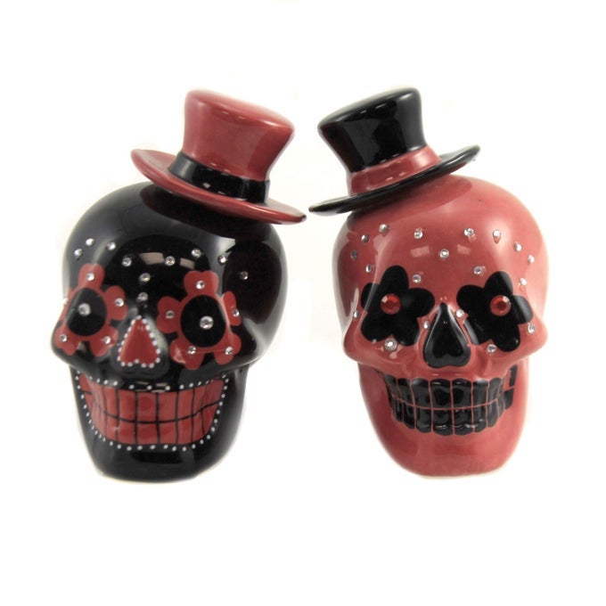 DAY OF DEAD SUGAR BLACK RED SKULLS SALT PEPPER SHAKERS SET RHINESTONE DOD TOP HAT
