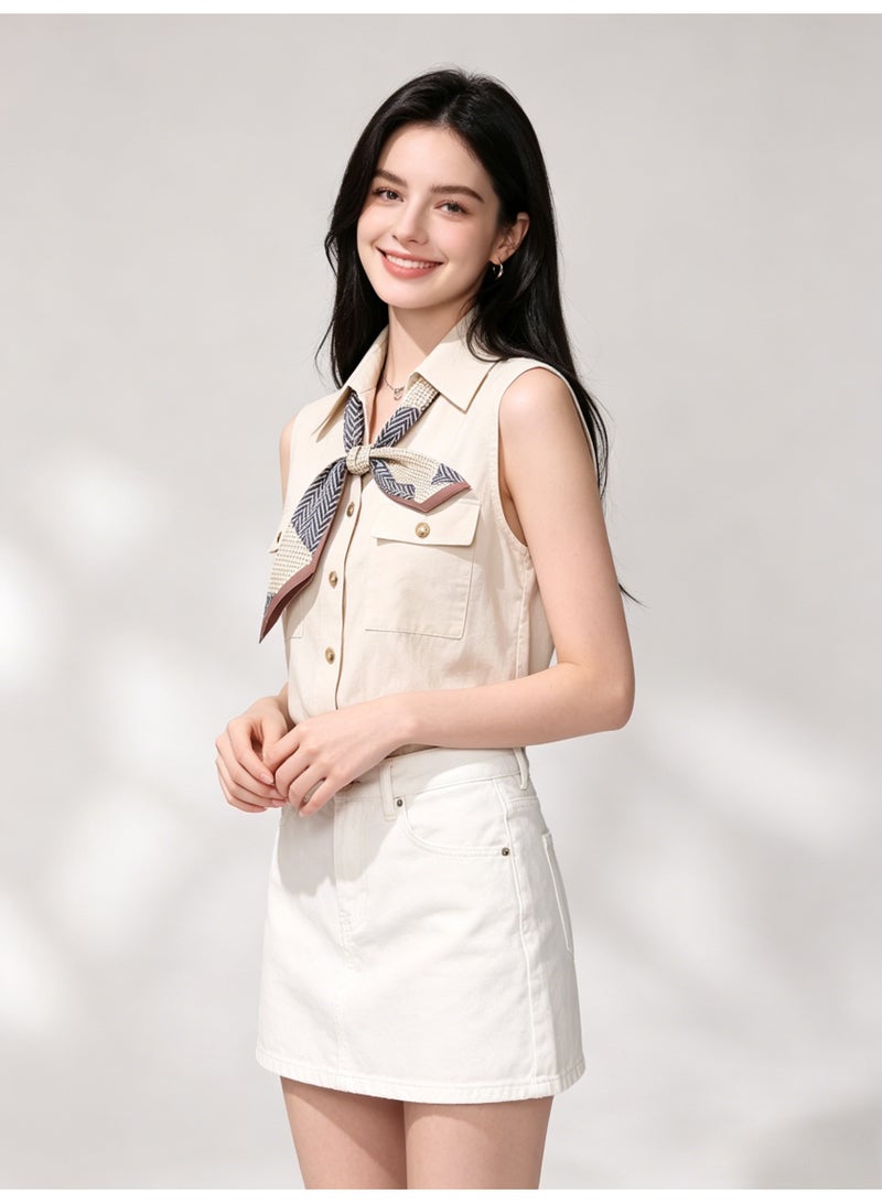 زارا ZARA Women’s Beige Sleeveless Cargo Shirt with Decorative Scarf Tie - Image 5