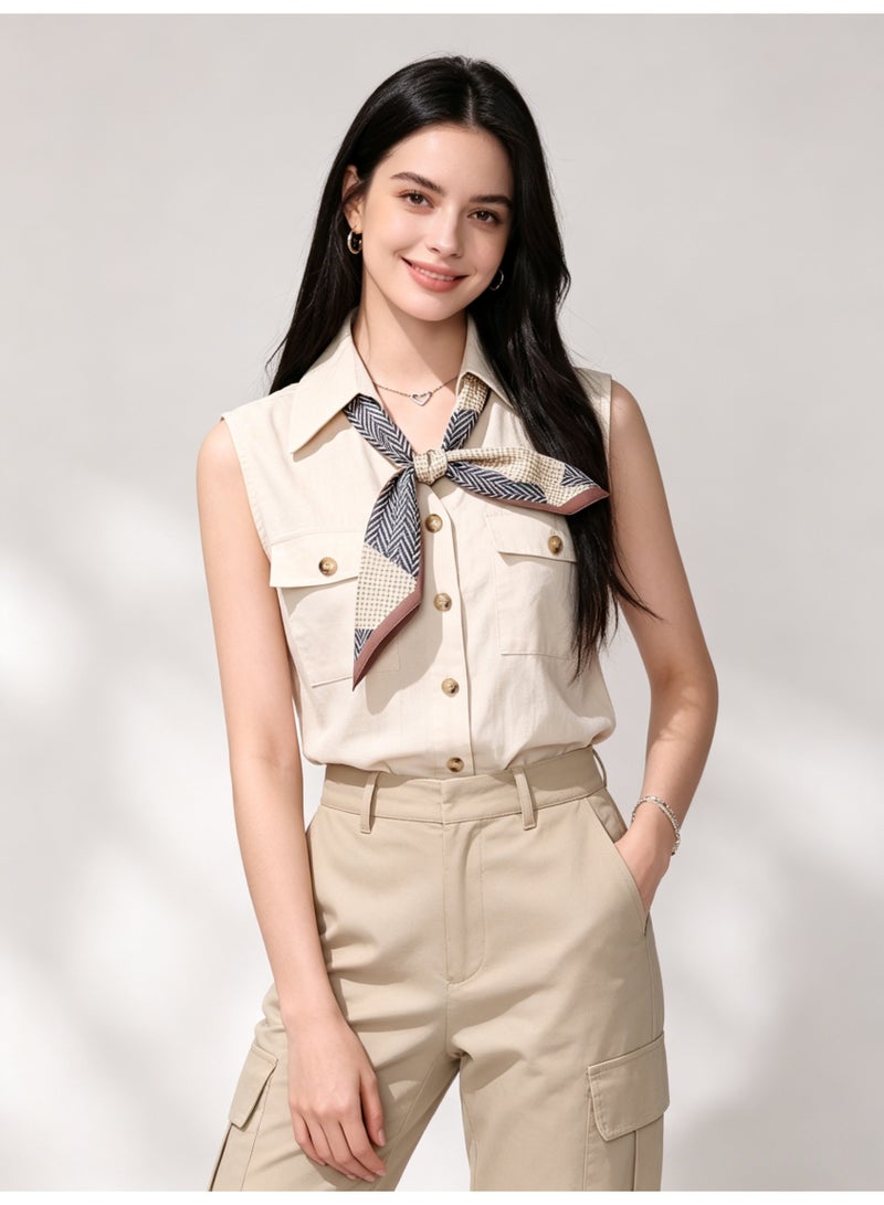 زارا ZARA Women’s Beige Sleeveless Cargo Shirt with Decorative Scarf Tie - Image 2