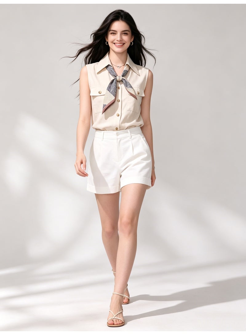 زارا ZARA Women’s Beige Sleeveless Cargo Shirt with Decorative Scarf Tie - Image 3