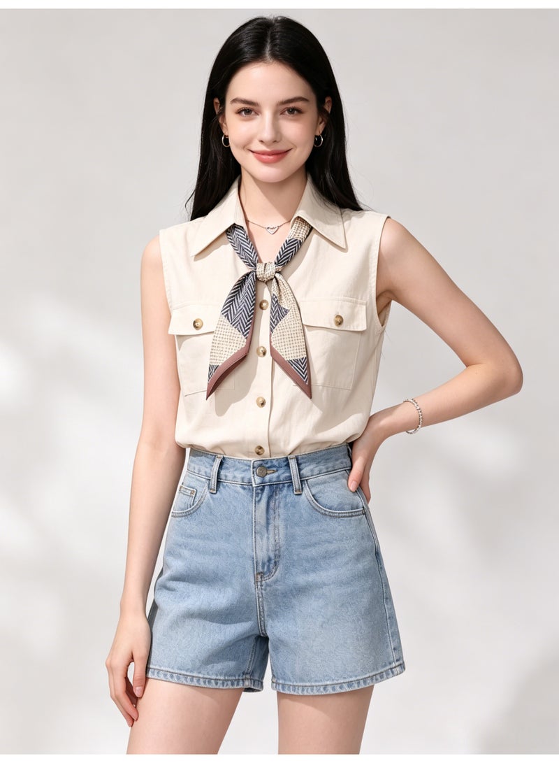 زارا ZARA Women’s Beige Sleeveless Cargo Shirt with Decorative Scarf Tie - Image 1