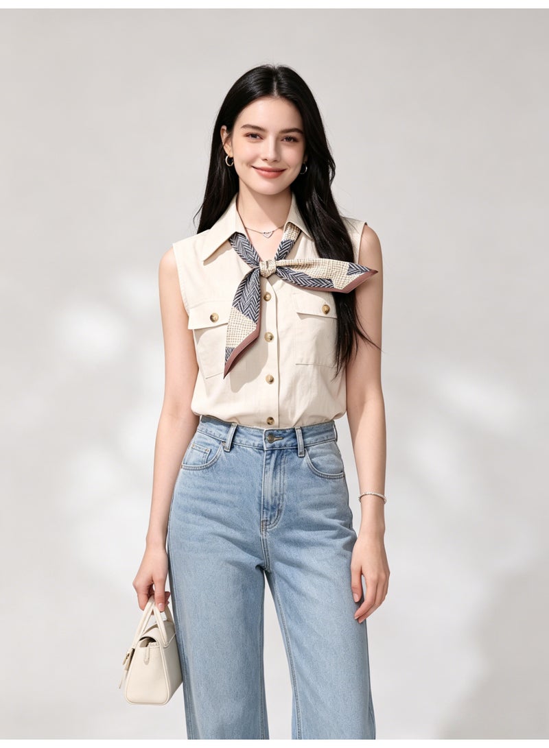 زارا ZARA Women’s Beige Sleeveless Cargo Shirt with Decorative Scarf Tie - Image 4