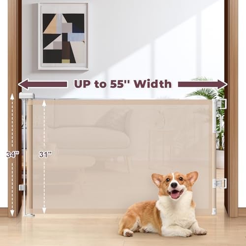 Cideny Retractable Baby Gate for Stairs 55 Wide Mesh Dog Gate Indoor 34 Tall Child Gate for Doorways Hallways Deck Indoor Outdoor Pet Baby Safety Essentials for Home Beige - Image 3
