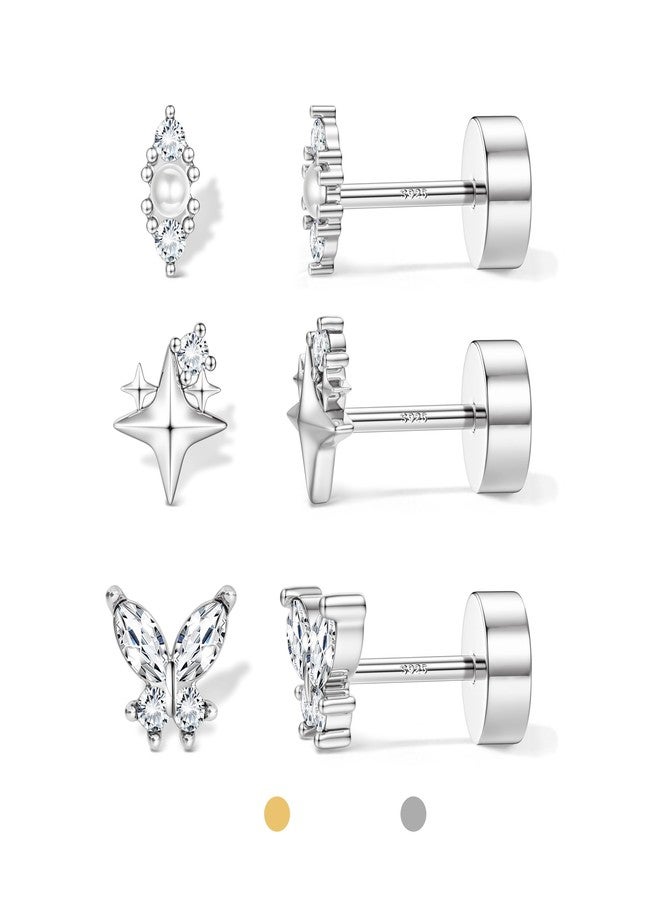 ORAZIO Gold Flat Back Stud Earrings for Women Men Sterling Silver Post Hypoallergenic Screw Back Earrings 14K Gold Cartilage Conch Helix Tragus Piercing Jewelry Dainty CZ Opal Earring Set 3 Pairs 20G - Image 1