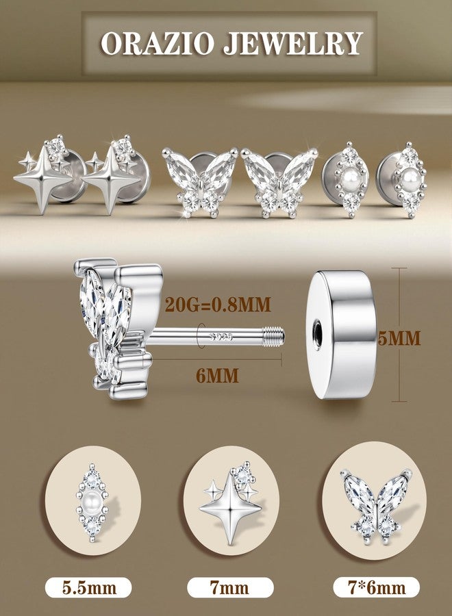 ORAZIO Gold Flat Back Stud Earrings for Women Men Sterling Silver Post Hypoallergenic Screw Back Earrings 14K Gold Cartilage Conch Helix Tragus Piercing Jewelry Dainty CZ Opal Earring Set 3 Pairs 20G - Image 5