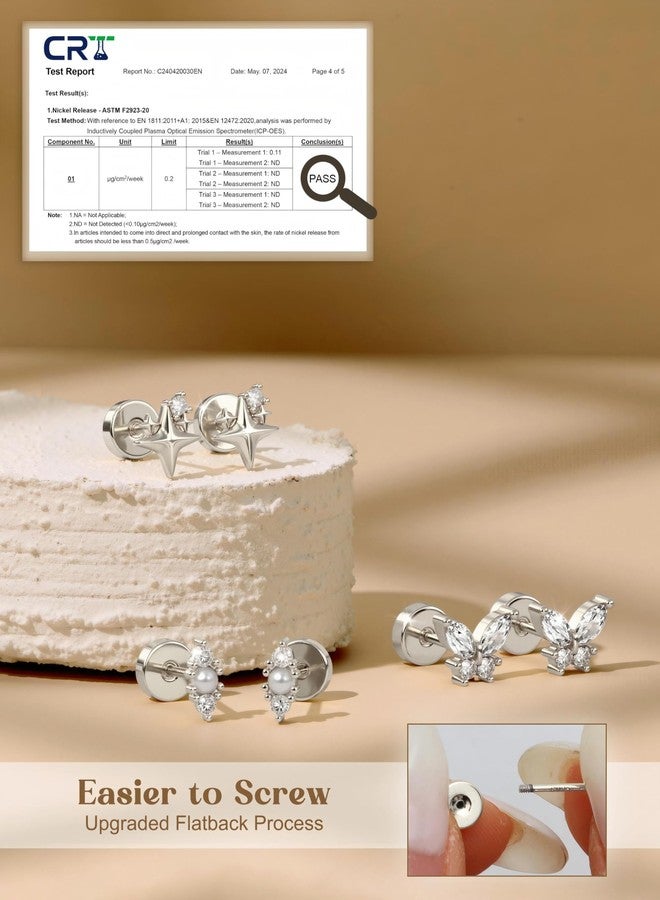 ORAZIO Gold Flat Back Stud Earrings for Women Men Sterling Silver Post Hypoallergenic Screw Back Earrings 14K Gold Cartilage Conch Helix Tragus Piercing Jewelry Dainty CZ Opal Earring Set 3 Pairs 20G - Image 3