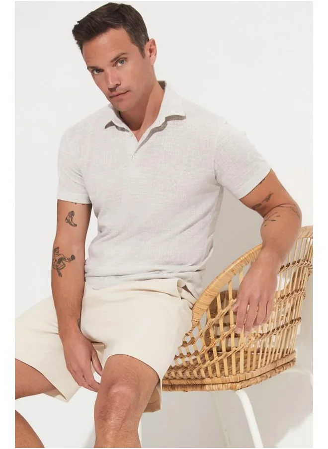 جون June Men Linen Looked Patterned Neck T-Shirt Grey