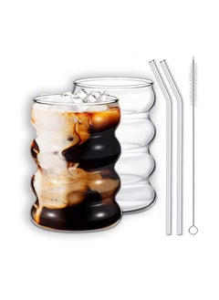 Set of 2 Glass Drinking Glasses with Glass Straw - 10oz (300ml) Glassware Set for, Iced Coffee- Perfect for Water, Soda, and Tea - Includes Cleaning Brush - Great Gift Idea