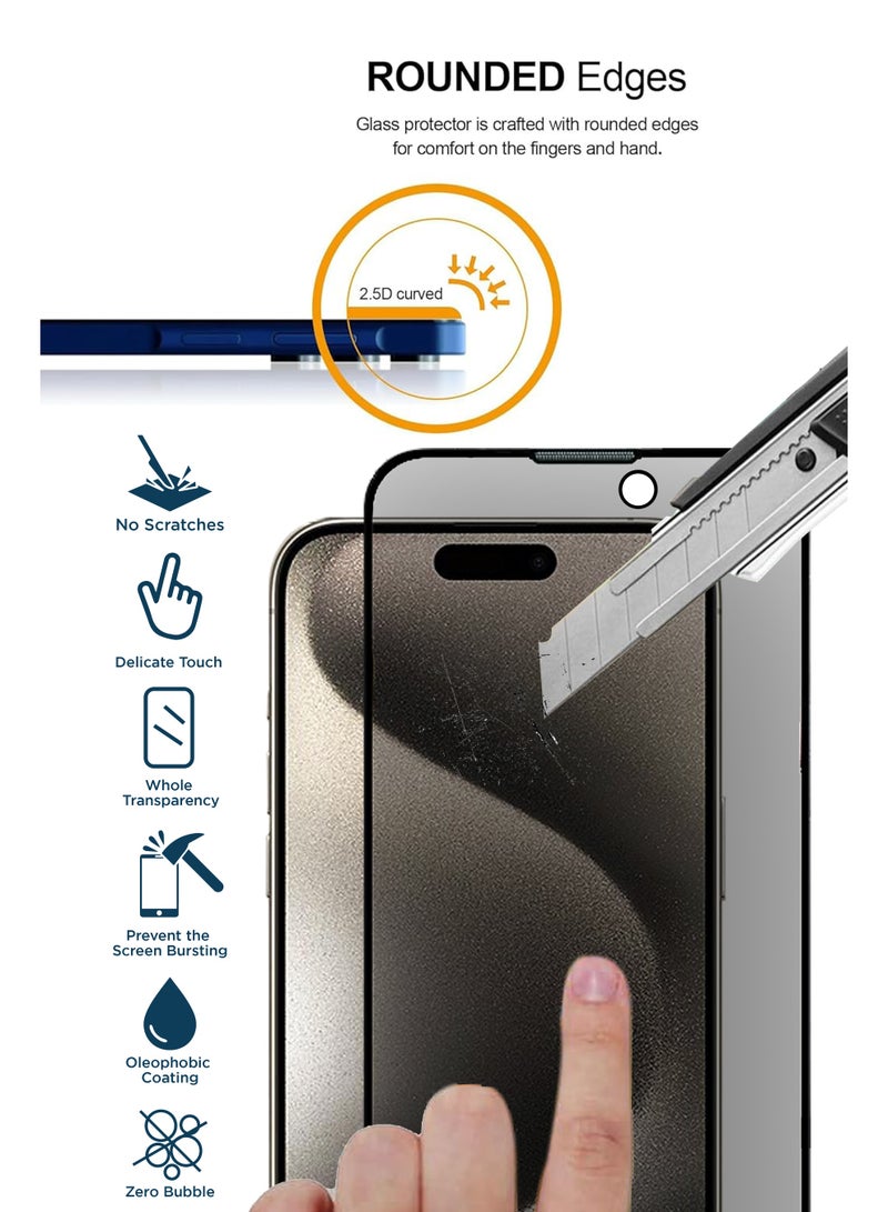 iPhone 15 Pro Max Privacy Screen Protector - Premium Edge to Edge Anti Spy Privacy Tempered Glass, Oleophobic Coating, Delicate Touch, Anti-Explosion, Smooth Arc Edge, Easy Installation - Image 2