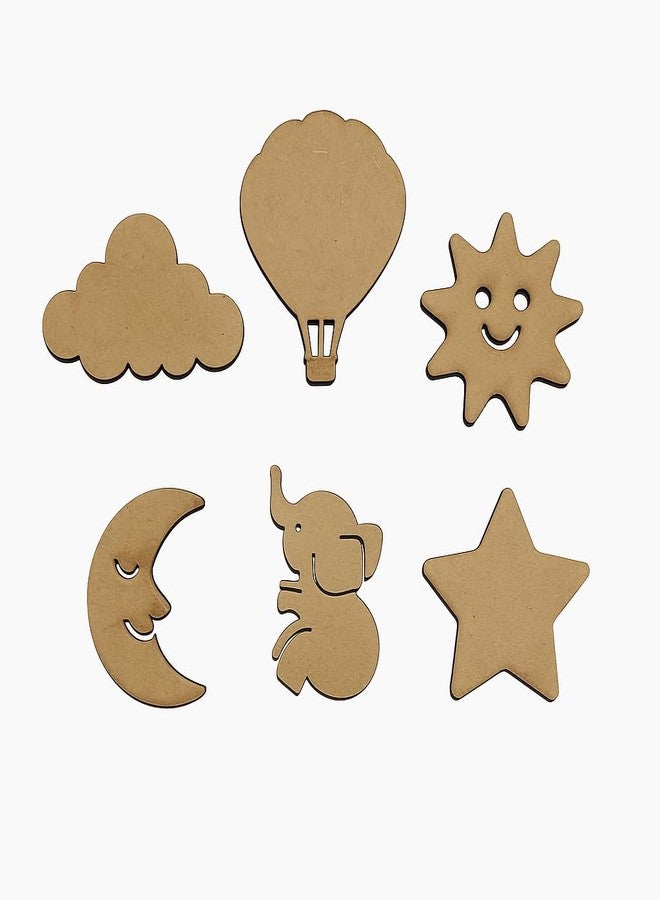 LET'S DIY مجموعة أشكال خشبية من خشب MDF قابلة للقص، تتضمن غيمة، بالون، شمس، قمر، فيل، ونجمة | أشكال غير مكتملة لأعمال فنية للأطفال، الرسم، الأعمال اليدوية، ومشاريع الديكور المنزلي | 1.5 بوصة | 30 قطعة - Image 1