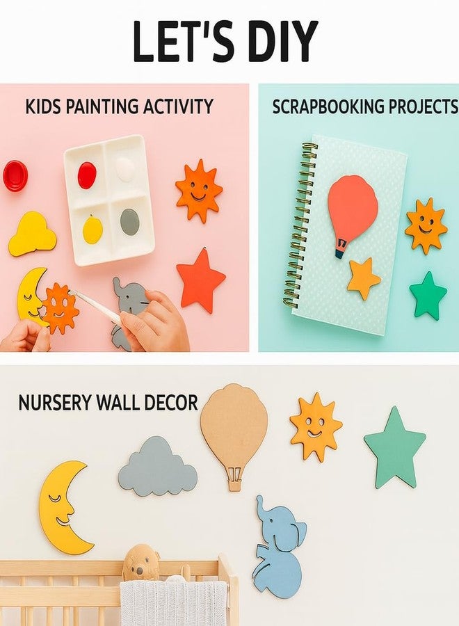 LET'S DIY مجموعة أشكال خشبية من خشب MDF قابلة للقص، تتضمن غيمة، بالون، شمس، قمر، فيل، ونجمة | أشكال غير مكتملة لأعمال فنية للأطفال، الرسم، الأعمال اليدوية، ومشاريع الديكور المنزلي | 1.5 بوصة | 30 قطعة - Image 3