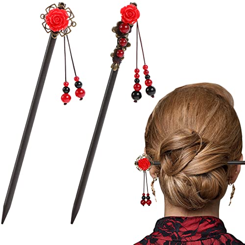 Dremisi 2 Pieces Hair Stick Retro Wooden Hair Stick Vintage Flower Hairpin Handmade Hair Stick for Women Long Hair Chinese Hair Chopstick Japanese Hair Accessories - Image 2