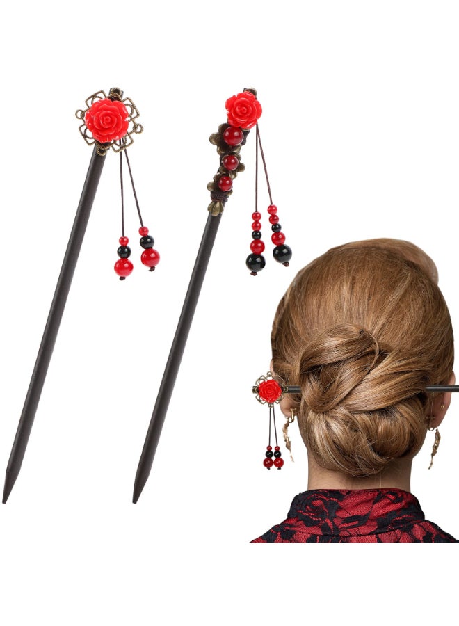 Dremisi 2 Pieces Hair Stick Retro Wooden Hair Stick Vintage Flower Hairpin Handmade Hair Stick for Women Long Hair Chinese Hair Chopstick Japanese Hair Accessories - Image 3