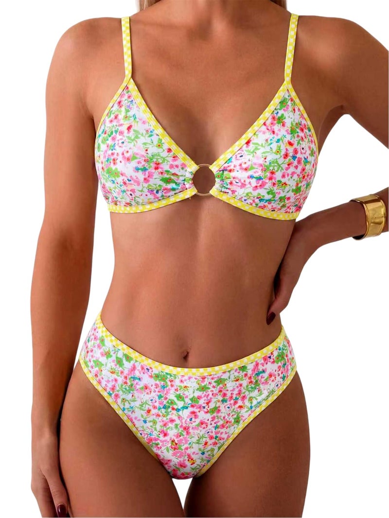 Tainehs Women's Two Piece Bikini Sets O Ring Front Top Ditsy Floral Triangle Swimsuits Cheeky Bathing Suit - Image 1