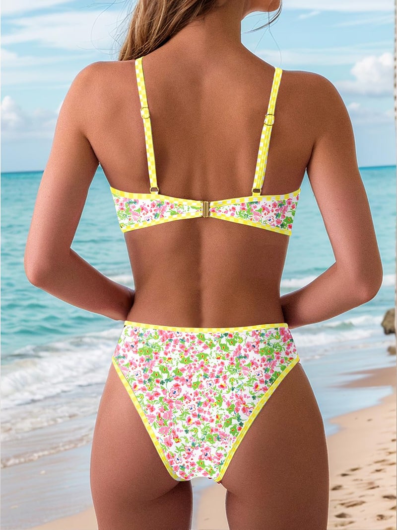 Tainehs Women's Two Piece Bikini Sets O Ring Front Top Ditsy Floral Triangle Swimsuits Cheeky Bathing Suit - Image 3