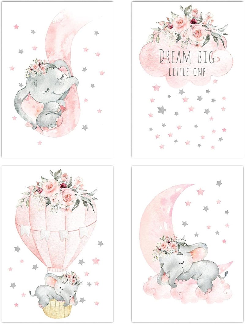Canssape Pink Elephant Nursery Wall Decor Set of 4 Baby Girl Room Decor Elephant Wall Art Goodnight On A Hot Air Balloon |Dream Big Little one|(8x10in)(Unframed) - Image 1
