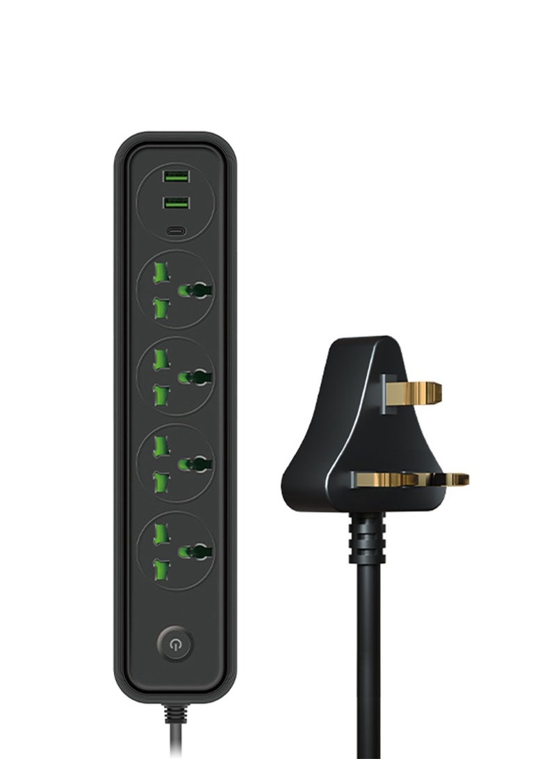 سكاي فيو شريط طاقة واقي من التيار الزائد - سلك تمديد بمقبس مسطح مع 4 منافذ ومنفذين USB ومنفذ Type-C، سلك طاقة بطول 2 متر (2500 وات/10 أمبير/110 فولت - 240 فولت)، مادة مقاومة للحريق من البولي كربونات، مقبس طاقة (أسود) - Image 1