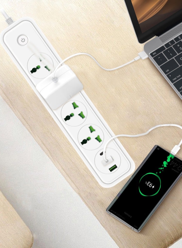 سكاي فيو شريط طاقة واقي من التيار الزائد - سلك تمديد بمقبس مسطح مع 4 منافذ ومنفذين USB ومنفذ Type-C، سلك طاقة بطول 2 متر (2500 وات/10 أمبير/110 فولت - 240 فولت)، مادة مقاومة للحريق من البولي كربونات، مقبس طاقة (أسود) - Image 2